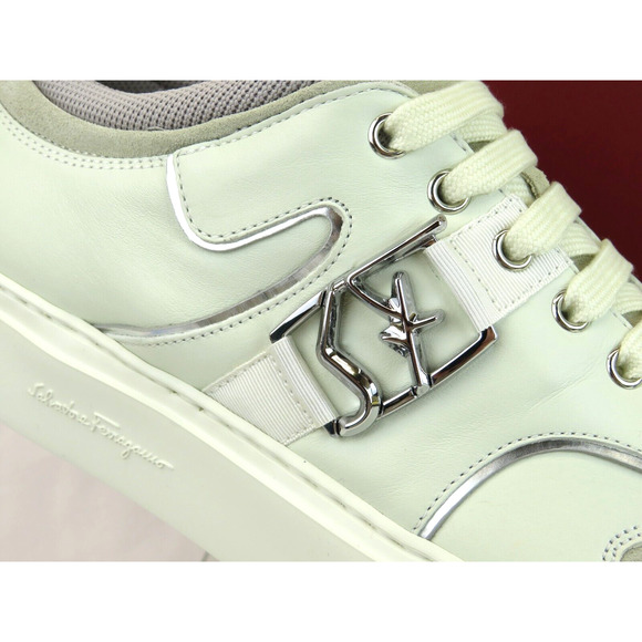 $795 FERRAGAMO NORIS WHITE LEATHER BEIGE SUEDE SF LOGO SNEAKERS 10.5 M ITALY main image 8